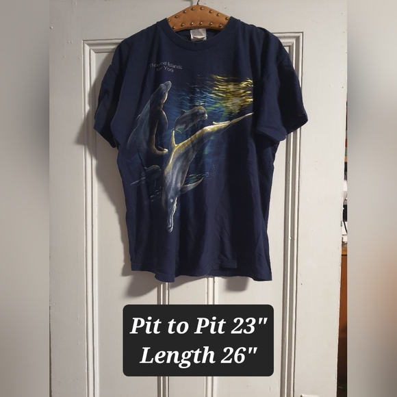 Vintage Hot Tees 90s Blue Cotton Ocean Dolphin Large Thousand Islands NY Shirt - Picture 5 of 5